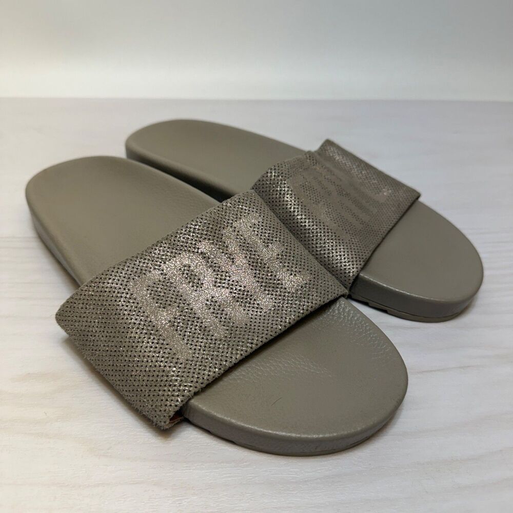 Frye Lola Perf Logo Slide Sandals Womens 8.5 Taupe Leather Slip On Flat Casual